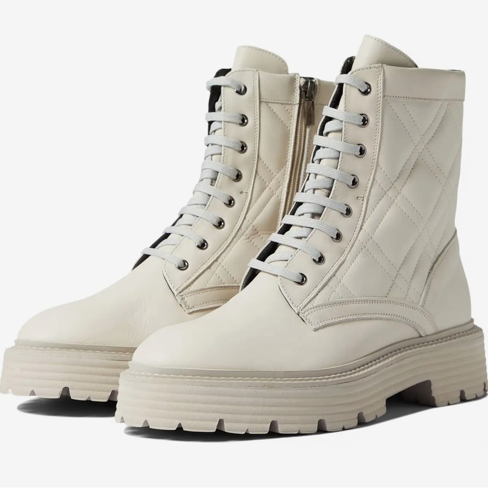 La Canadienne Yasmine Quilted Combat Boot In Bone Leather Size 8.5 New